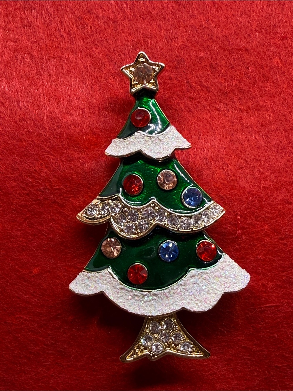 Enameled Christmas Tree Brooch Pin with Multicolored Rhinestones